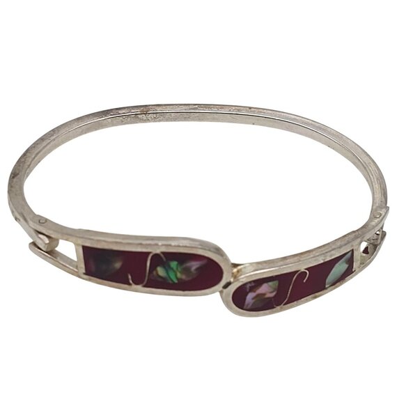 Vintage Mexico Sterling Silver Hinged Bangle Bracelet Inlay Abalone Shell - Picture 1 of 5